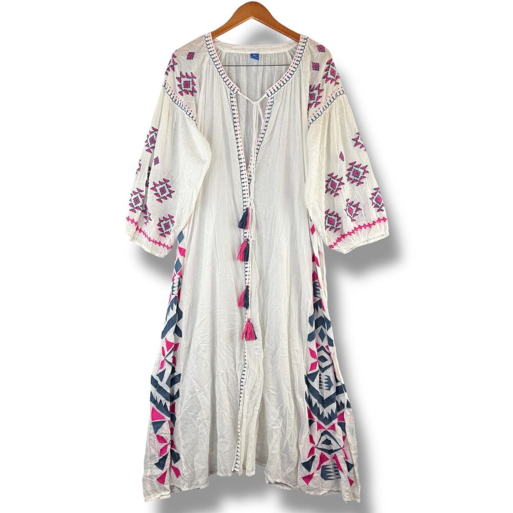 Raj Ivory/Pink Embroidery Geometric Artisanal Maxi Long Sleeve Boho Dress Size L - Picture 2 of 10